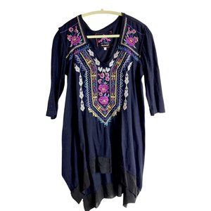 Johnny Was Black Emroidered Tunic Dress Asymmetrical Bottom Boho Dress Medium